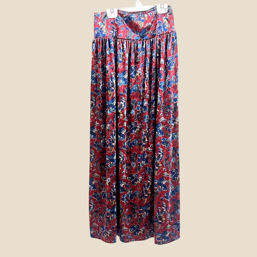 Natural Life Maxi Skirt Medium Womens Floral Velvet Smocked Red Blue Boho Skirt